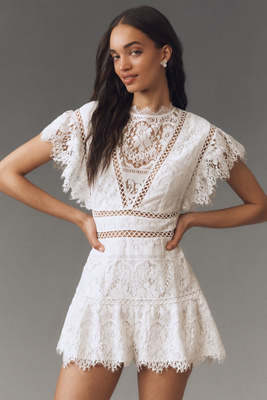 Saylor Shanice Ruffle-Sleeve Back-Cutout Lace Romper product page