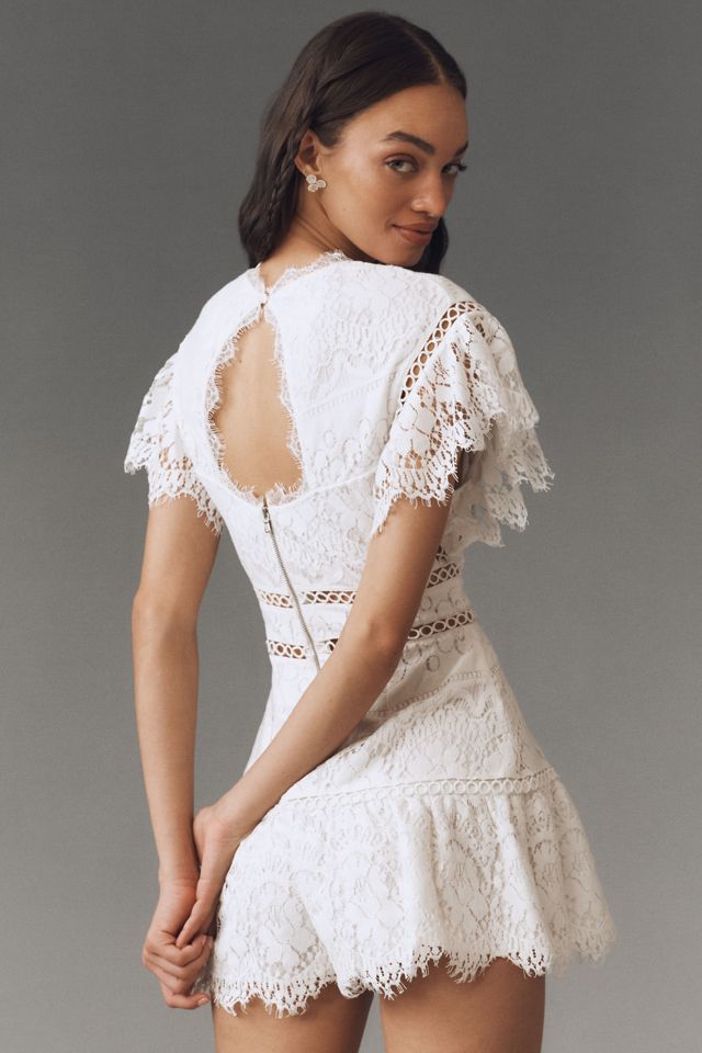 Saylor Shanice Ruffle-Sleeve Back-Cutout Lace Romper #1