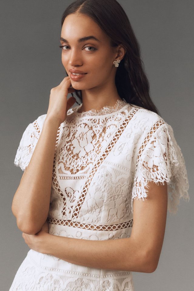 Saylor Shanice Ruffle-Sleeve Back-Cutout Lace Romper #3