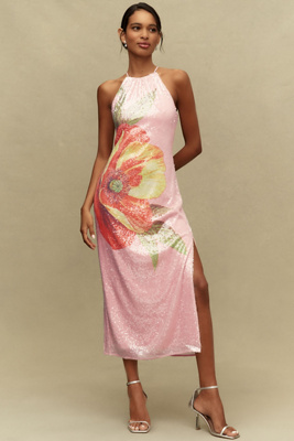 BHLDN Paulina Halter Printed Sequin Midi Dress | Anthropologie