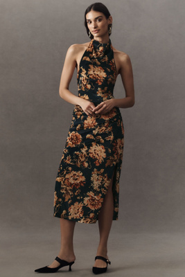 BHLDN HOLLY HALTER PRINTED STRETCH VELVET MIDI DRESS 