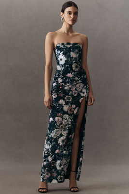 BHLDN LUELLA STRAPLESS SIDE-SLIT PRINTED STRETCH VELVET MAXI DRESS 