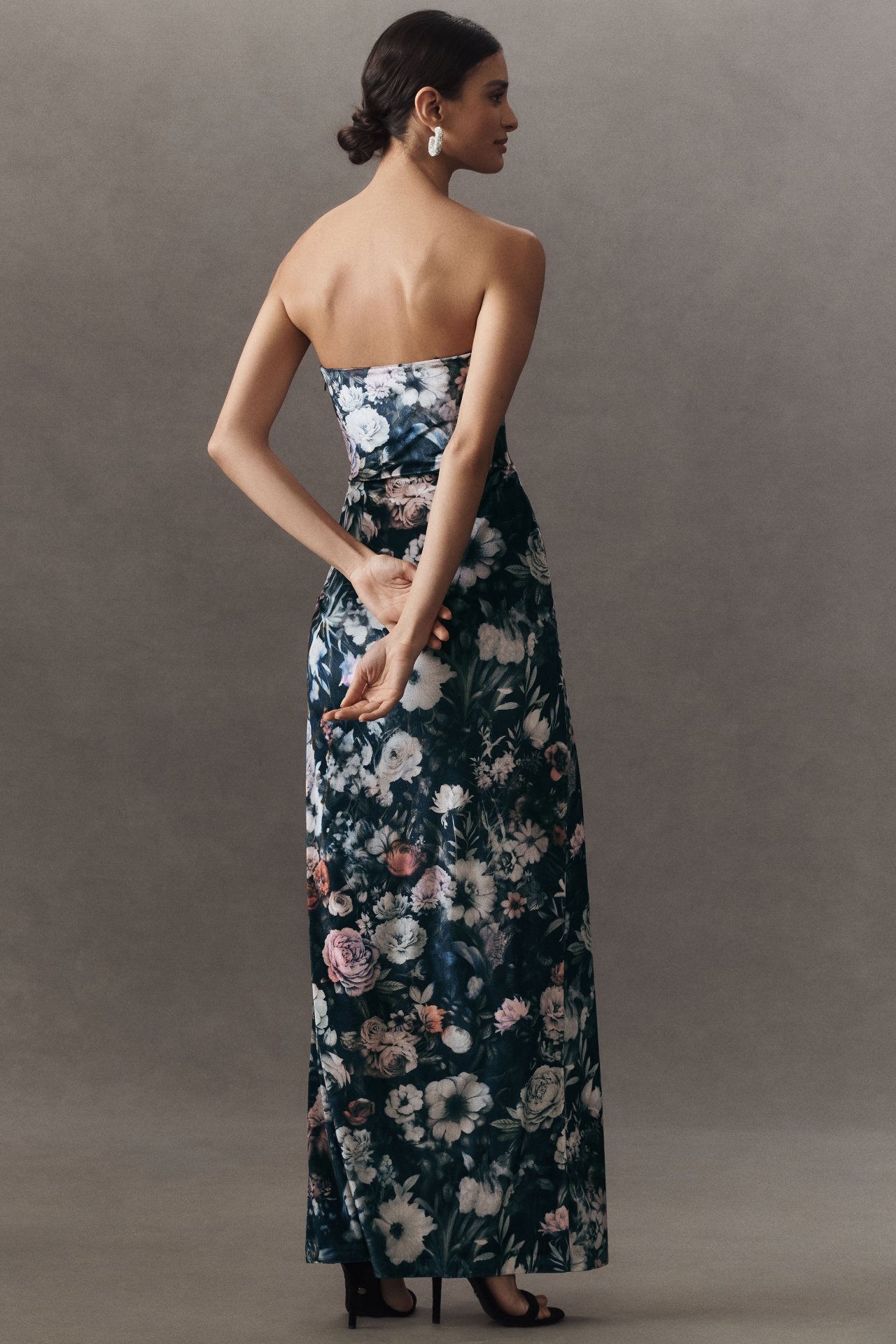 BHLDN Luella Strapless Side-Slit Printed Stretch Velvet Maxi Dress