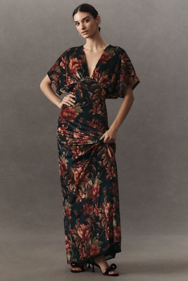 BHLDN AMELIA DEEP-V STRETCH VELVET MAXI DRESS 