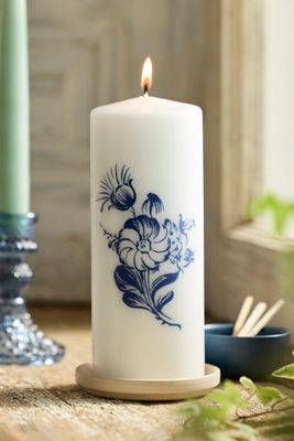 Blue Floral Pillar Candle