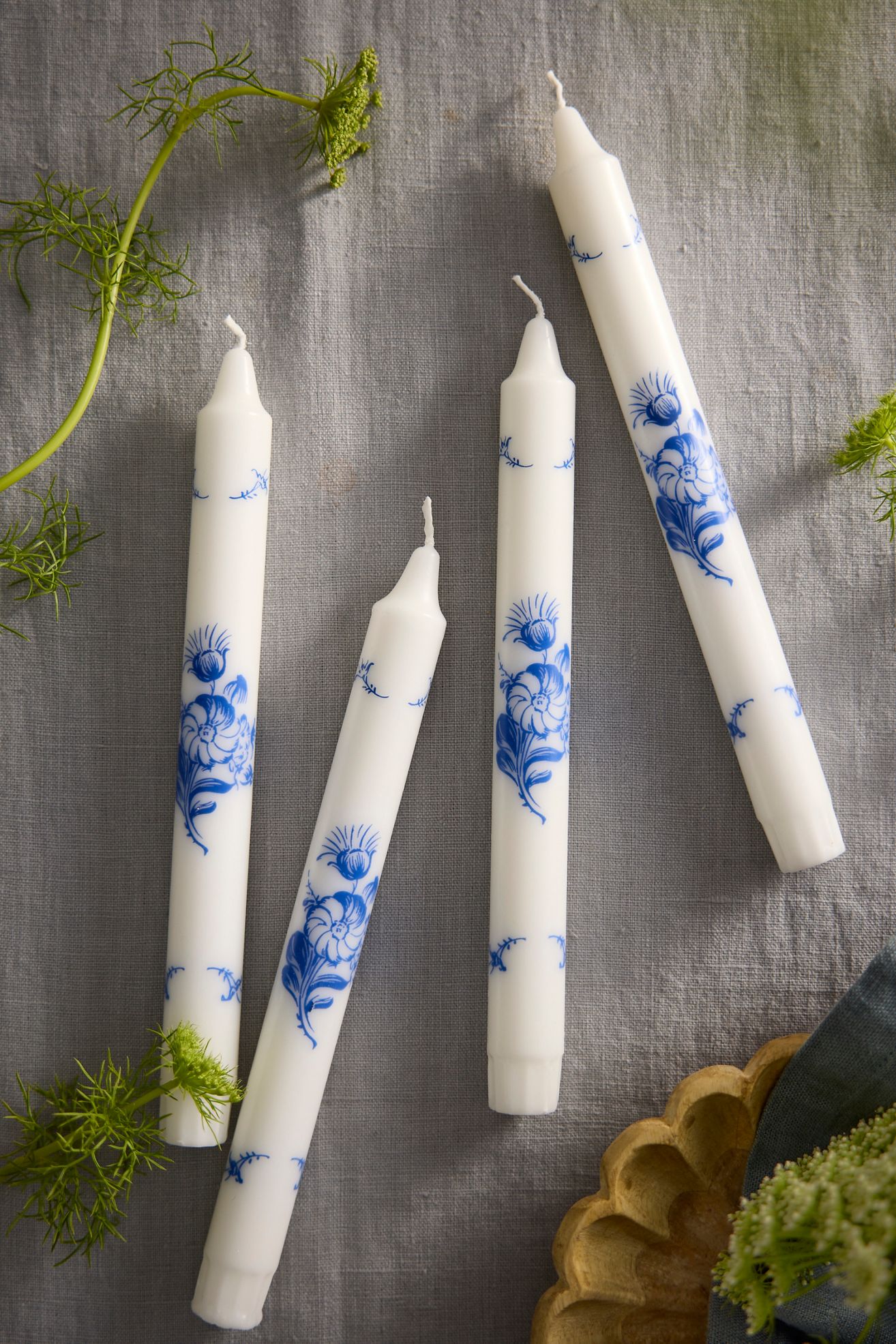 Blue Floral Taper Candles, Set of 4 - Blue, L