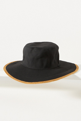 By Anthropologie Straw-trim Canvas Bucket Hat In Black