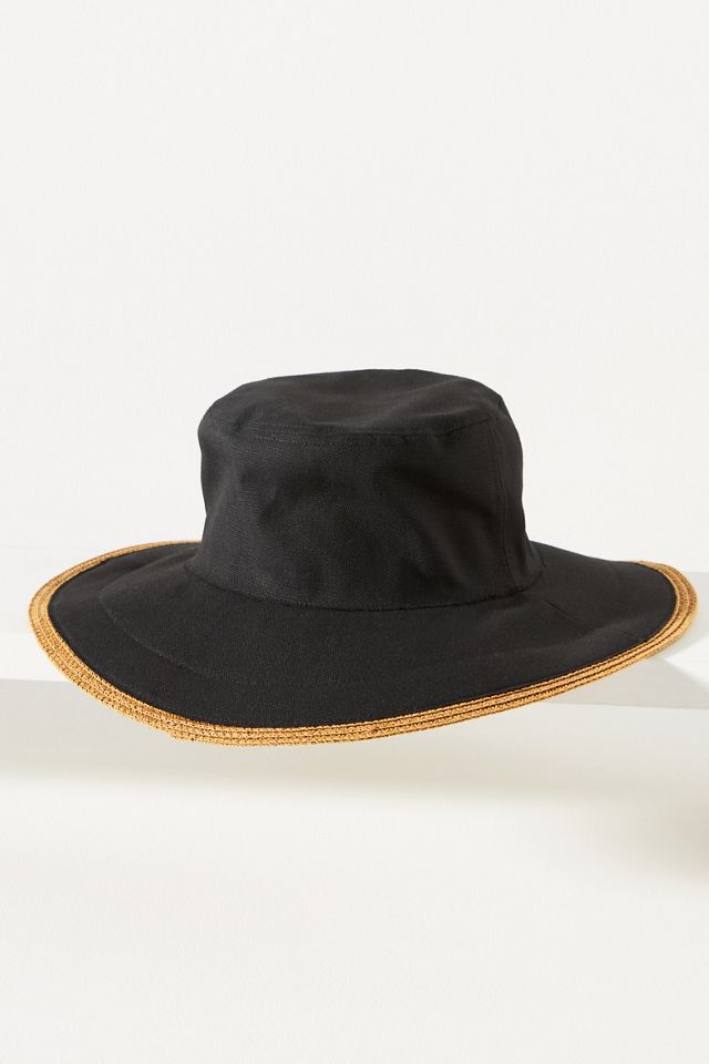 Straw-Trim Canvas Bucket Hat #1