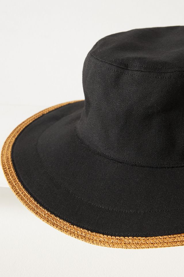 Straw-Trim Canvas Bucket Hat #2