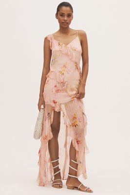 BHLDN Rae Asymmetric Ruffle Printed Chiffon Maxi Dress