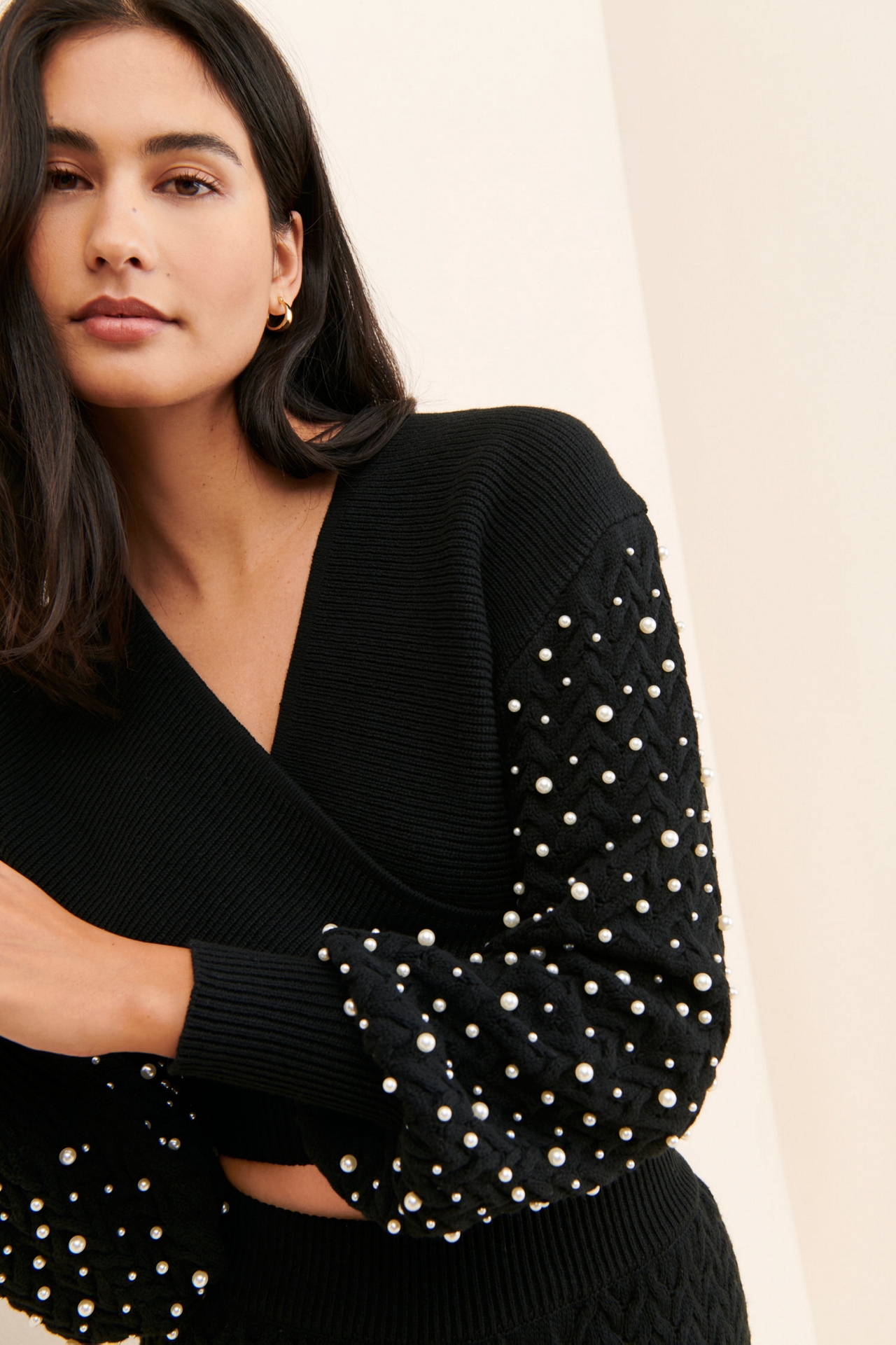 4SI3NNA Faux Pearl Sleeved Sweater