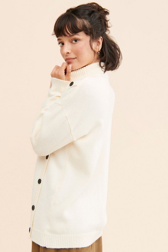 Flat White Buttoned Knit Turtleneck Sweater #1
