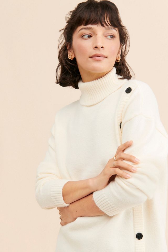 Flat White Buttoned Knit Turtleneck Sweater #2