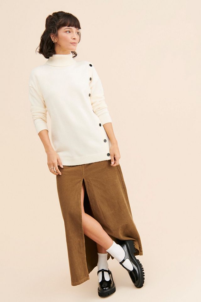 Flat White Buttoned Knit Turtleneck Sweater #3