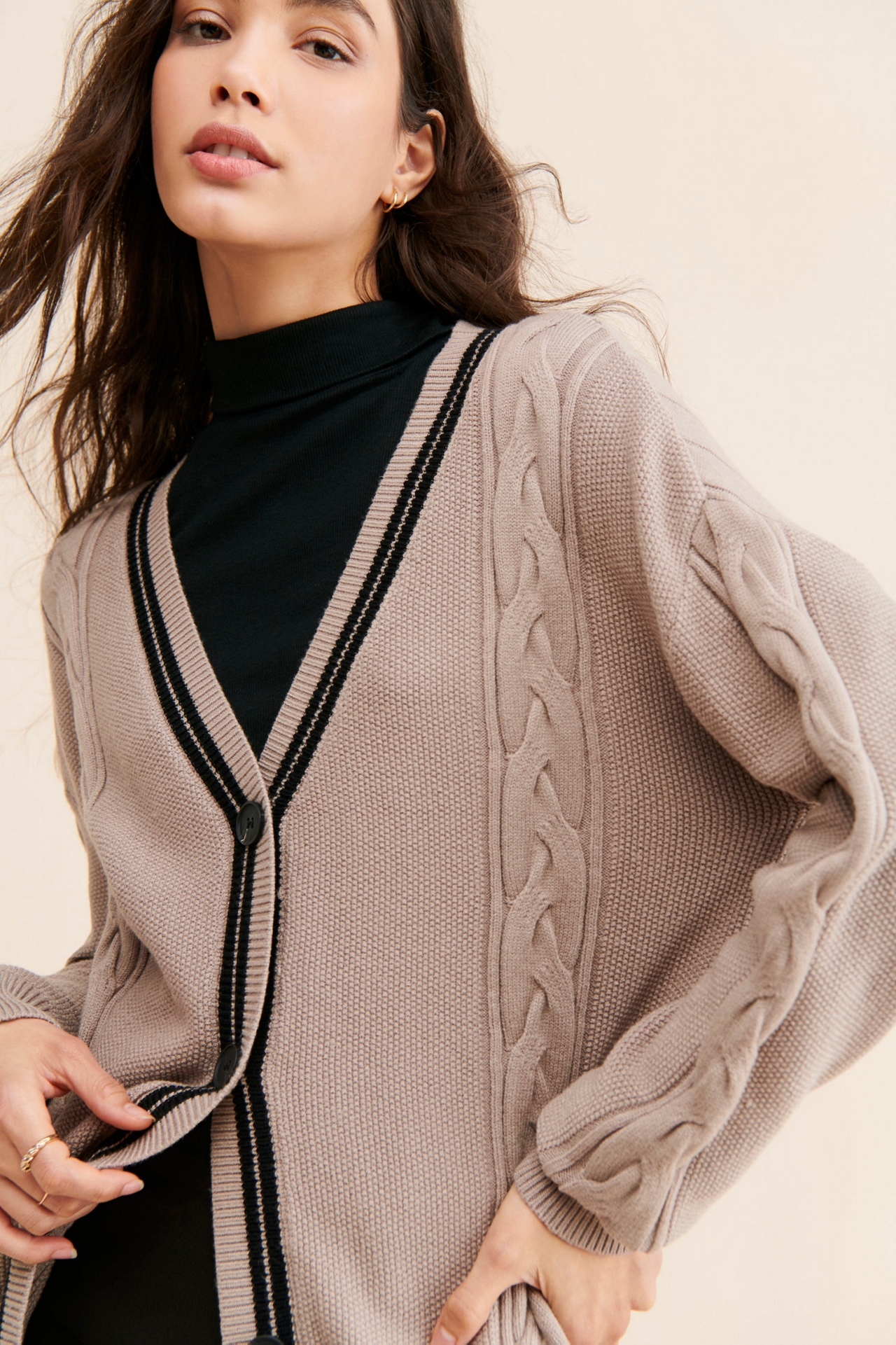 FRENCHMAUVE Cable Knit Oversized Cardigan