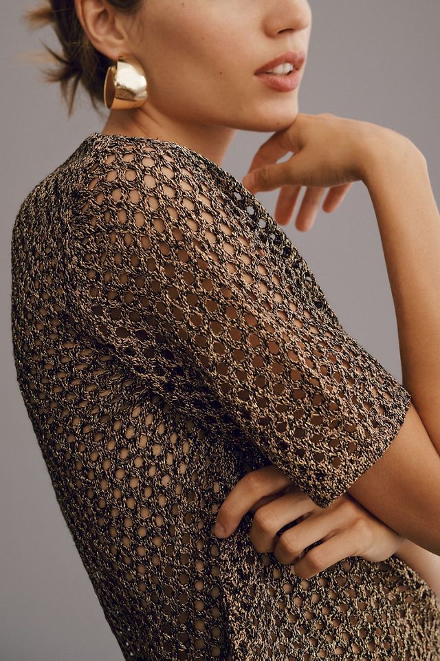 Metallic Open-Stitch Short-Sleeve Sweater #2