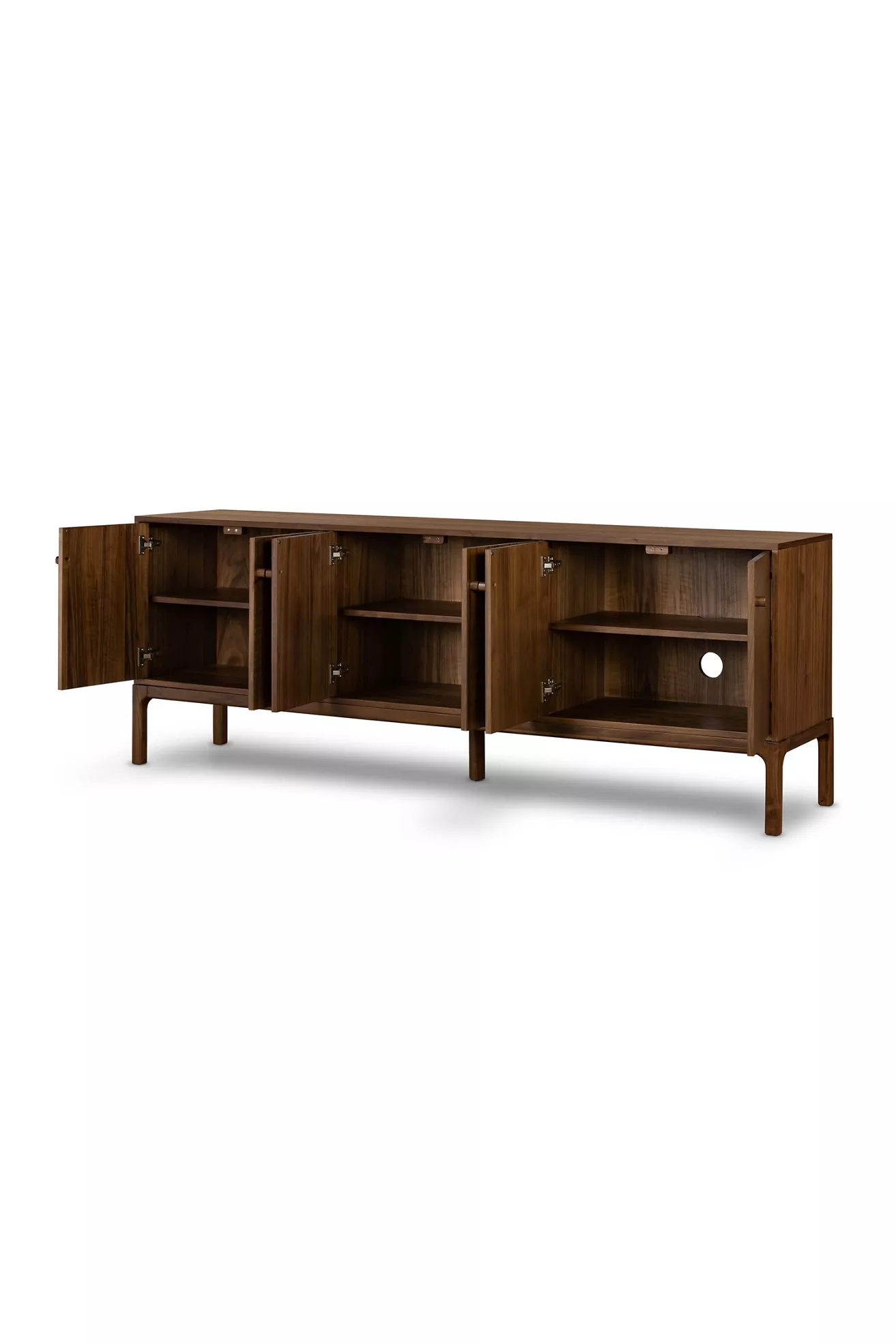 Open walled interior of walnut sideboard with shelves