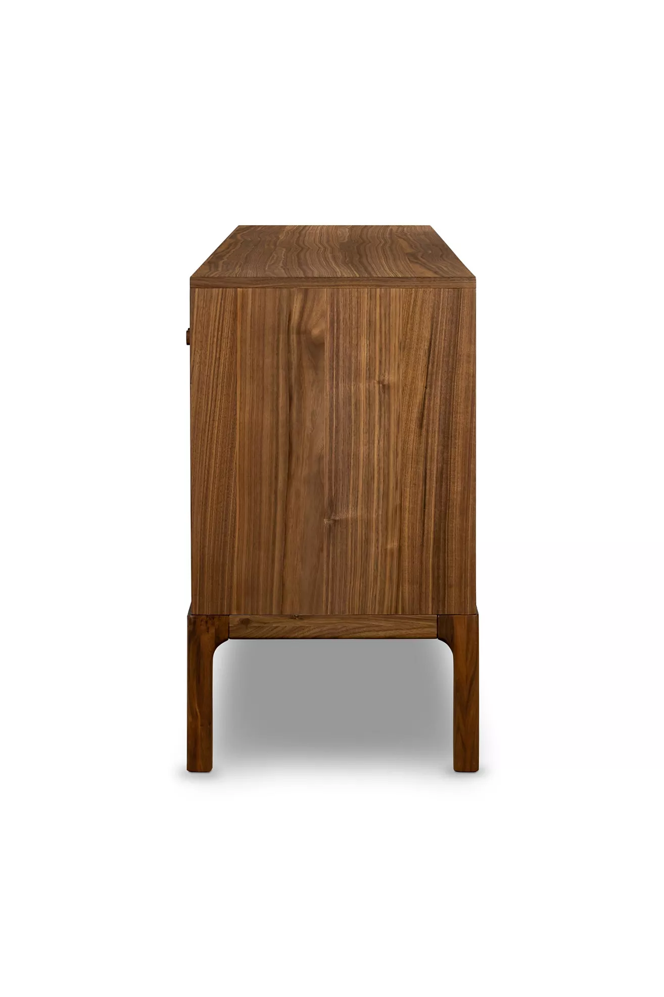 Side view of walnut sideboard standing tall