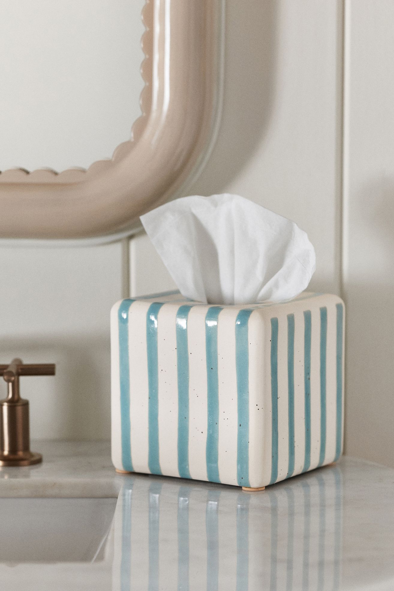 Striped Ceramic Tissue Box Cover - Blue Stripe, One Size