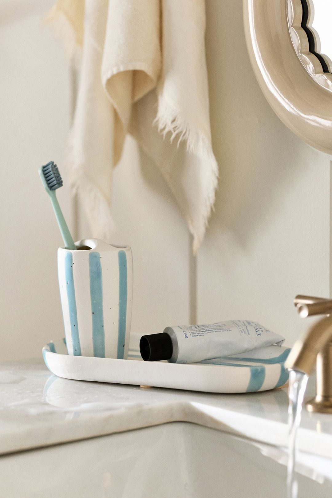 Striped Ceramic Toothbrush Holder - Blue Stripe, Standard, One Size