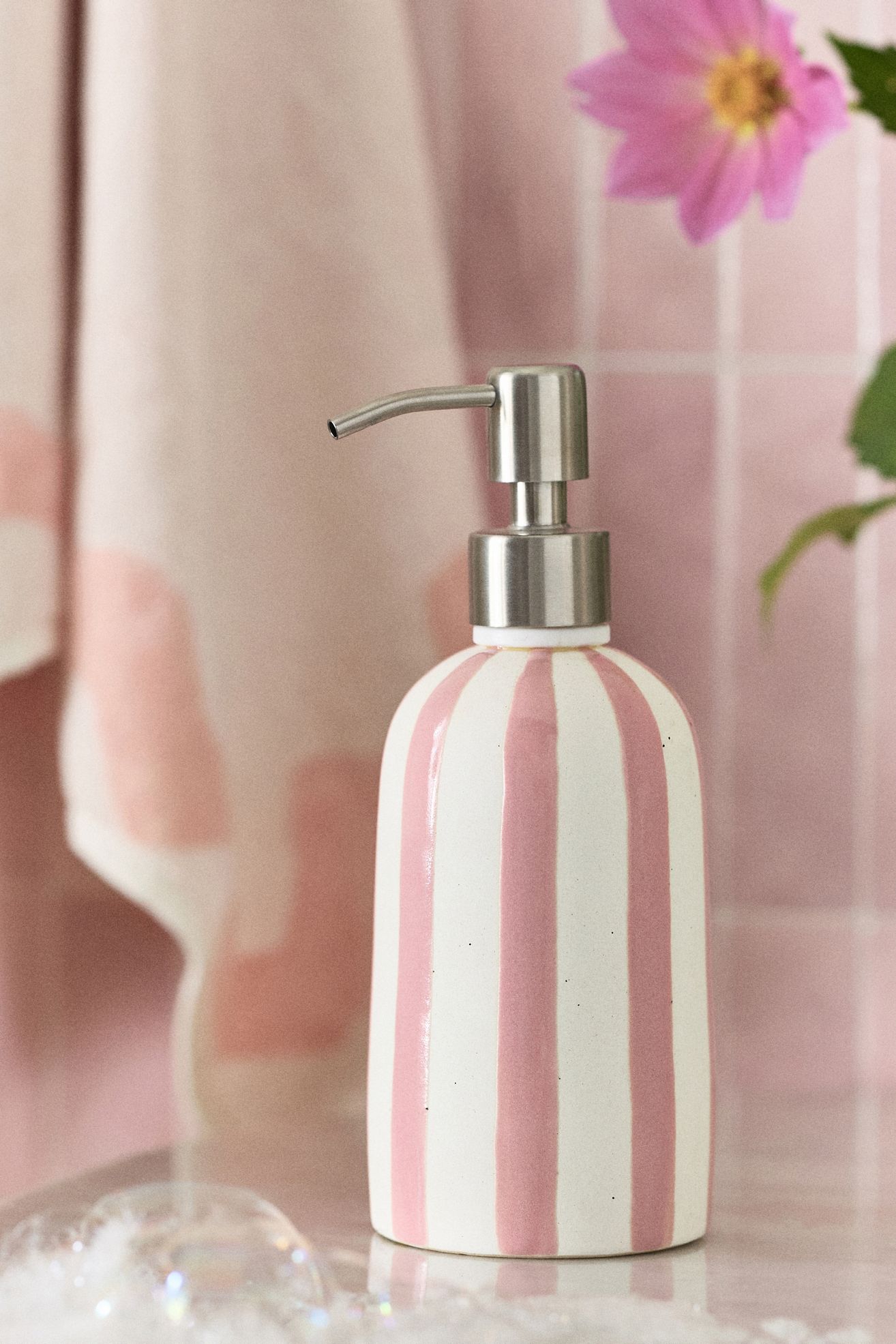 Striped Ceramic Soap Dispenser - Pink Stripe, One Size