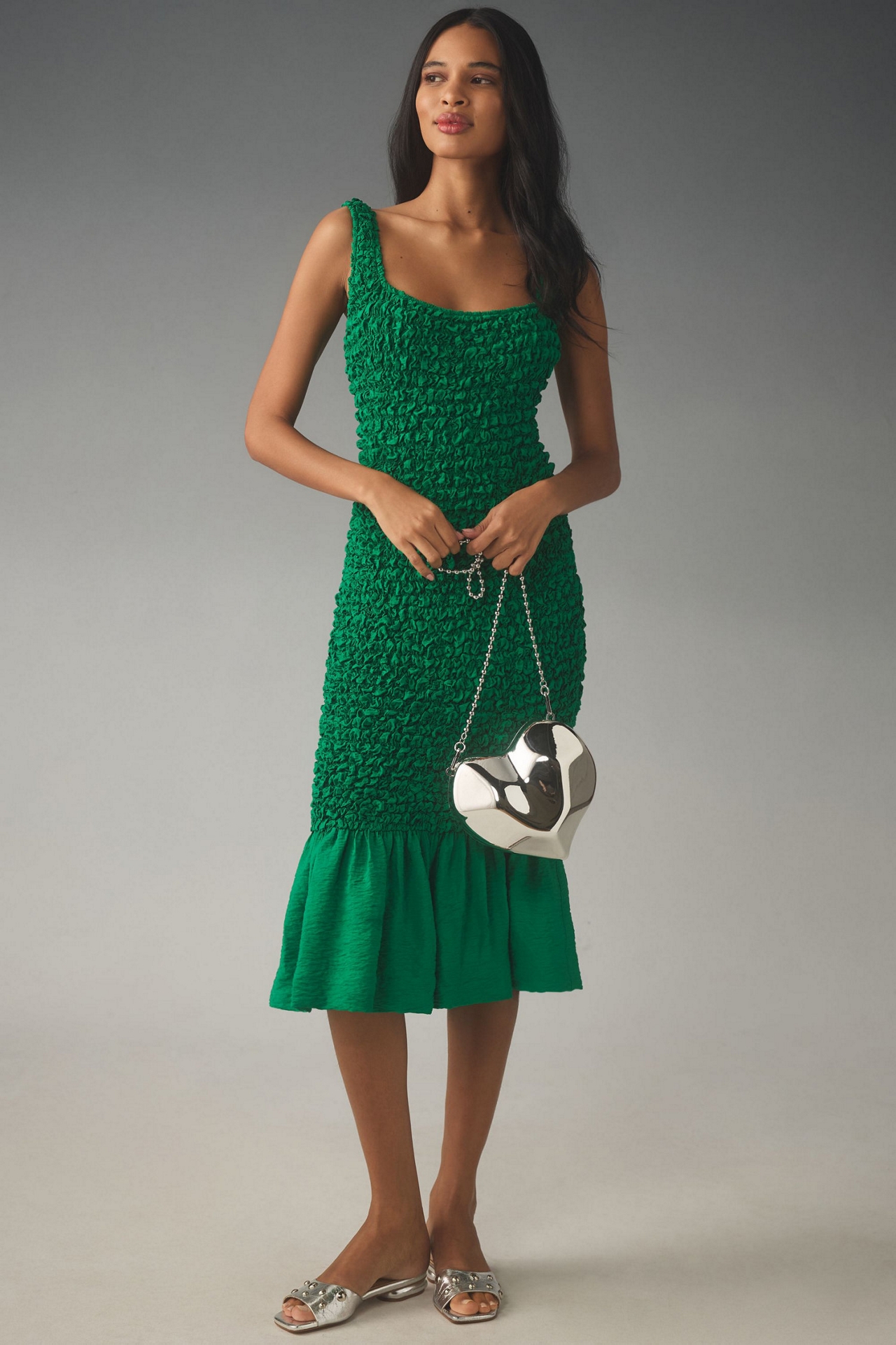 Square-Neck Pebble Smocked Dress