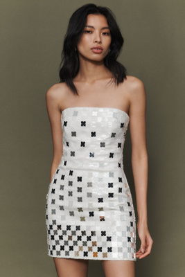Ila Vivian Strapless Hand-stitched Mirror Sequin Mini Dress In White