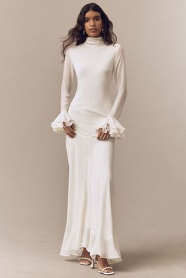 De La Vali Daira Mock-Neck Ruffle Long-Sleeve Bias-Cut Maxi Dress