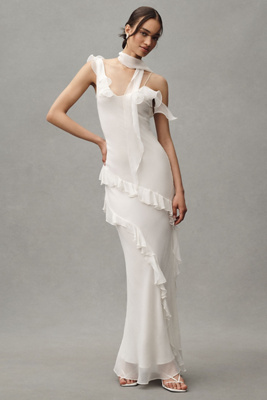 De La Vali Hemera Silk Chiffon Ruffle Scarf-neck Maxi Dress In White
