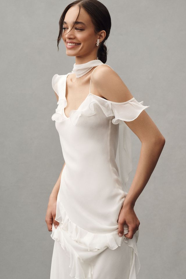 De La Vali Hemera Silk Chiffon Ruffle Scarf-Neck Maxi Dress #1