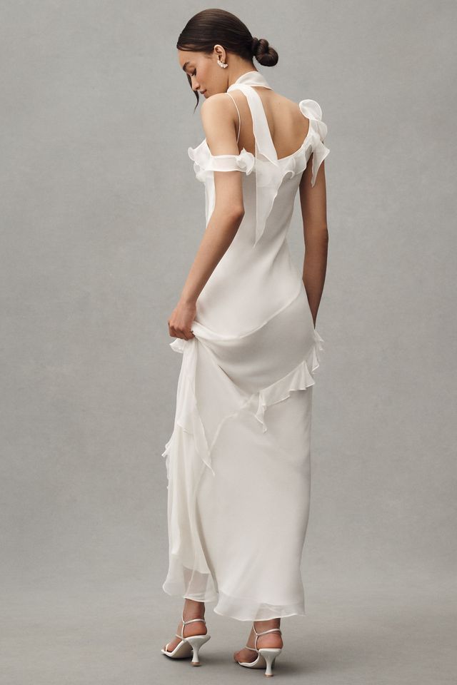 De La Vali Hemera Silk Chiffon Ruffle Scarf-Neck Maxi Dress #2