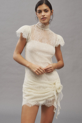 De La Vali Silentium Flounce-sleeve Lace Mini Dress In White
