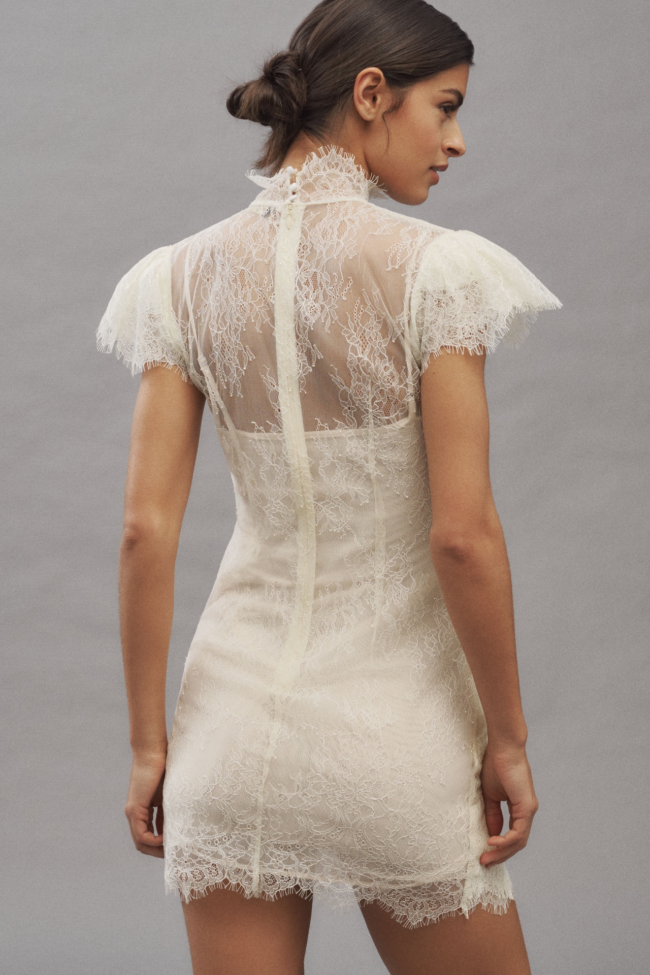De La Vali Silentium Flounce-Sleeve Lace Mini Dress