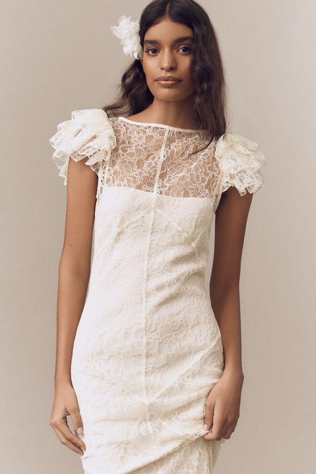 De La Vali Nephele Lace Flutter-Sleeve Fishtail Maxi Dress #3