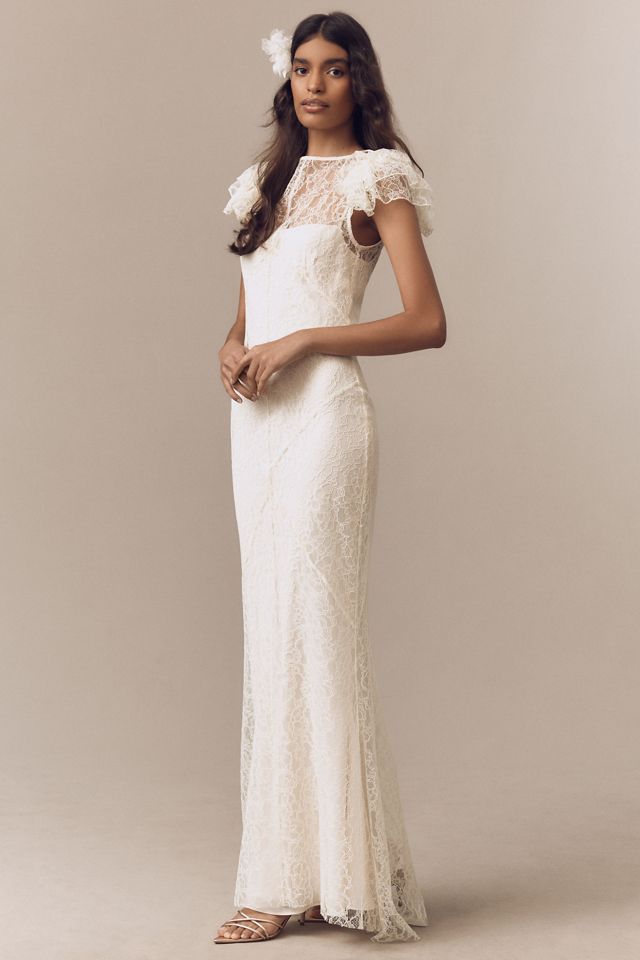 De La Vali Nephele Lace Flutter-Sleeve Fishtail Maxi Dress #1