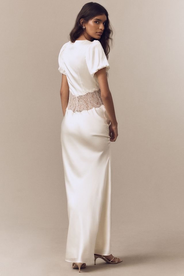 De La Vali Puff-Sleeve Silky Maxi Dress
