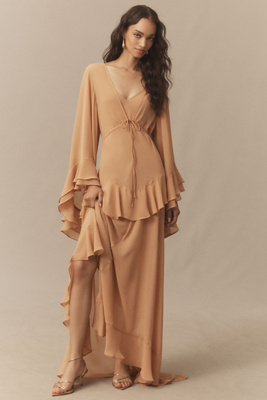 De La Vali Calypso Long-sleeve Ruffled Georgette Maxi Dress In Brown