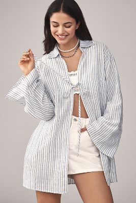 FLAT WHITE LONG-SLEEVE TIE-FRONT TUNIC TOP 