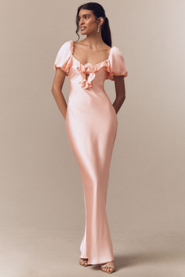 De La Vali Eden Satin Puff-sleeve Column Maxi Dress In Pink
