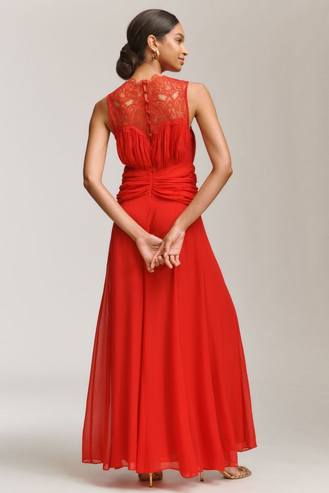 Shona Joy Emory Sleeveless Mock-Neck Lace Gathered Maxi Dress #1