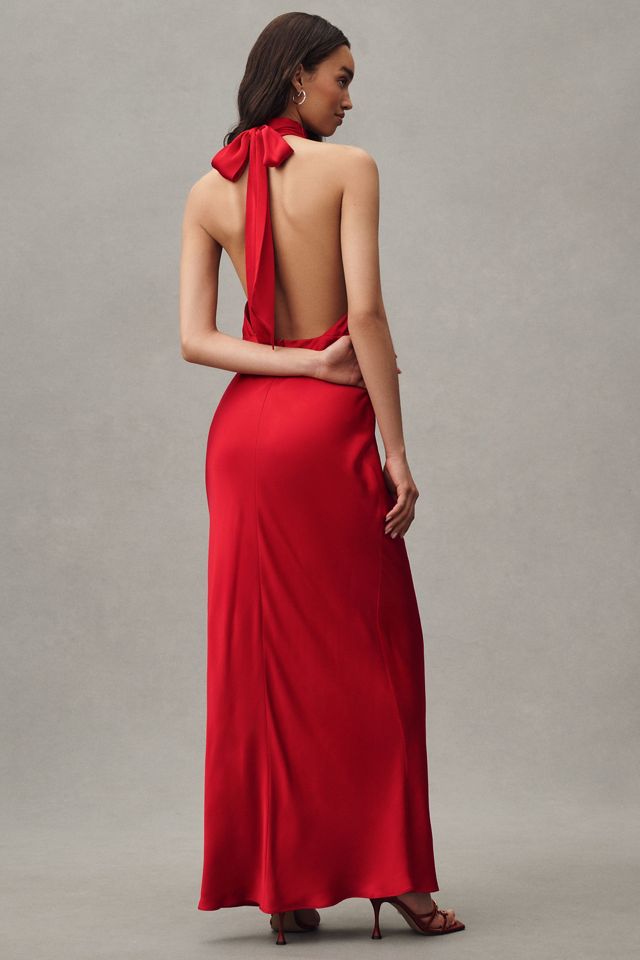 Shona Joy Tatum Mock-Neck Halter Cutout Ruched Satin Maxi Dress #1