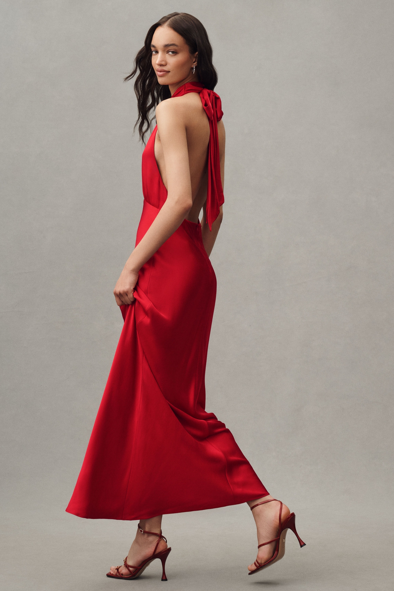 Shona Joy Tatum Halter Cutout Ruched Satin Maxi Dress