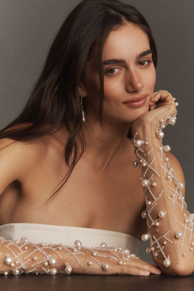 Enaura Pearl Beaded Tulle Gloves #1