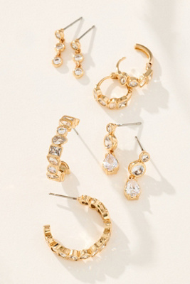By Anthropologie Glitzy Crystal Huggie Hoop Earrings, Set Of 4 In Gold