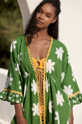 Conditions Apply Tie-front Cotton-linen Shawl Jacket In Green