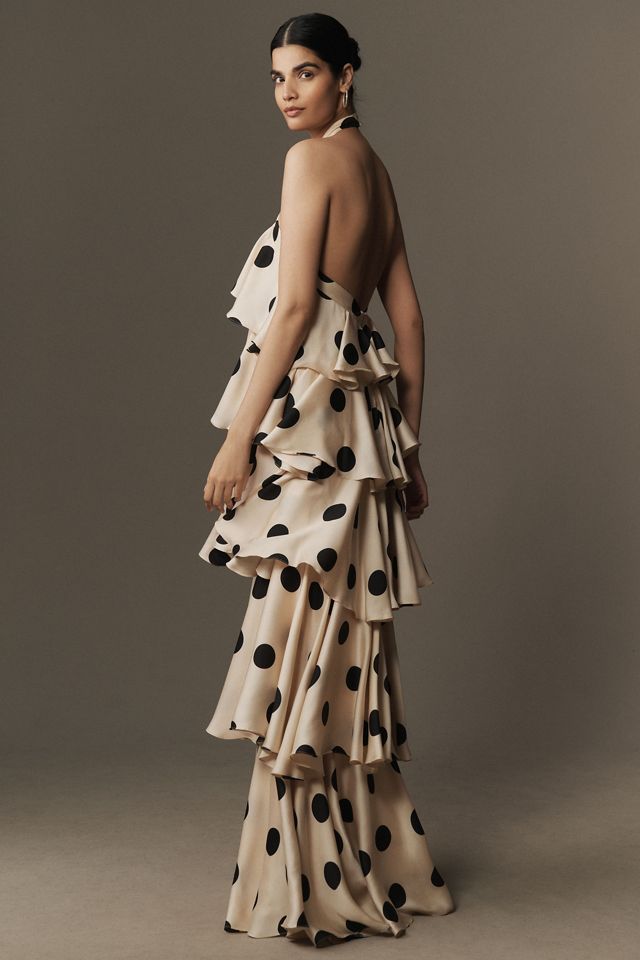 Mac Duggal Halter Polka Dot Ruffle Charmeuse Maxi Dress #1