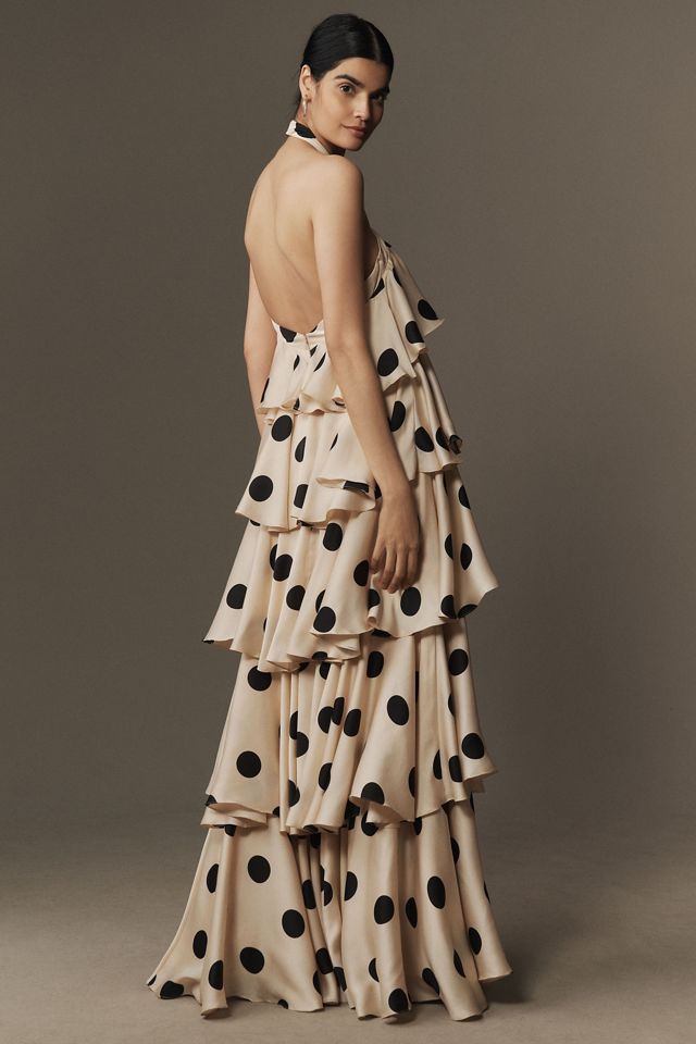 Mac Duggal Halter Polka Dot Ruffle Charmeuse Maxi Dress #3