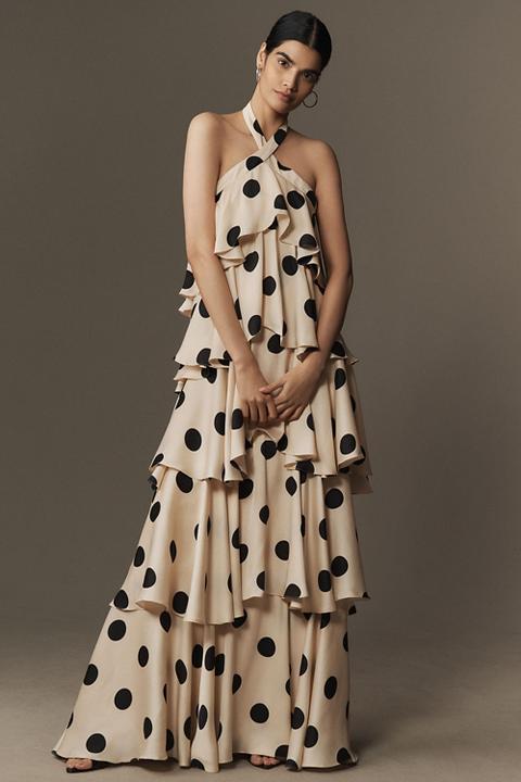 Mac Duggal Halter Polka Dot Ruffle Charmeuse Maxi Dress