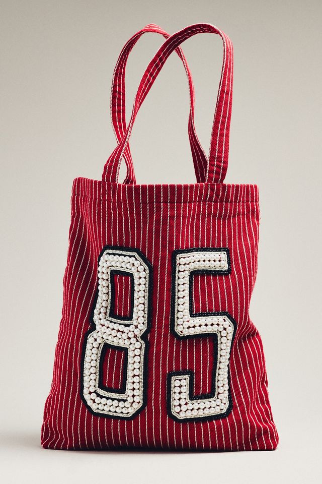 Printed Beaded Canvas Tote Bag #1