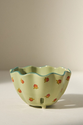 Anthropologie Georgie Handpainted Decaled Stoneware Berry Basket In Green